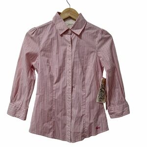 VTG Guess Women Stripe 3/4 Sleeve Y2K Button Up Top Size S Pink Twee 2000s NEW